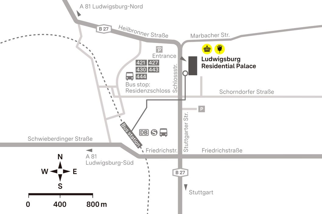 How to get to Ludwigsburg Residential Palace, illustration: Staatliche Schlösser und Gärten Baden-Württemberg, JUNG:Kommunikation